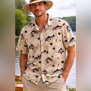 Columbia 5XL Fishing Vented Shirt Button Front Short Sleeve Rainbow Trout Flys